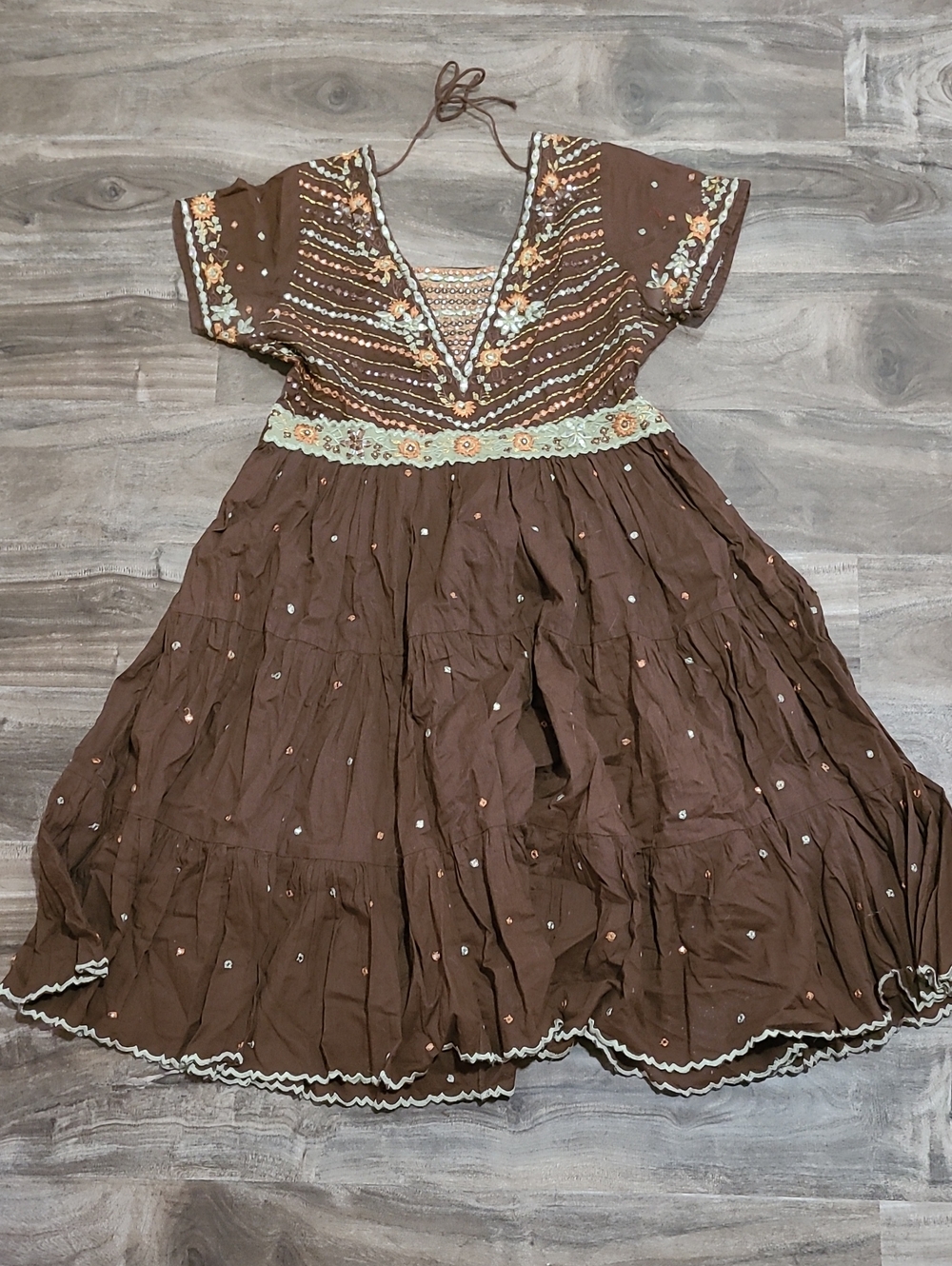 2/$30 Brown Embroidered Boho Midi Dress with Floral Accents